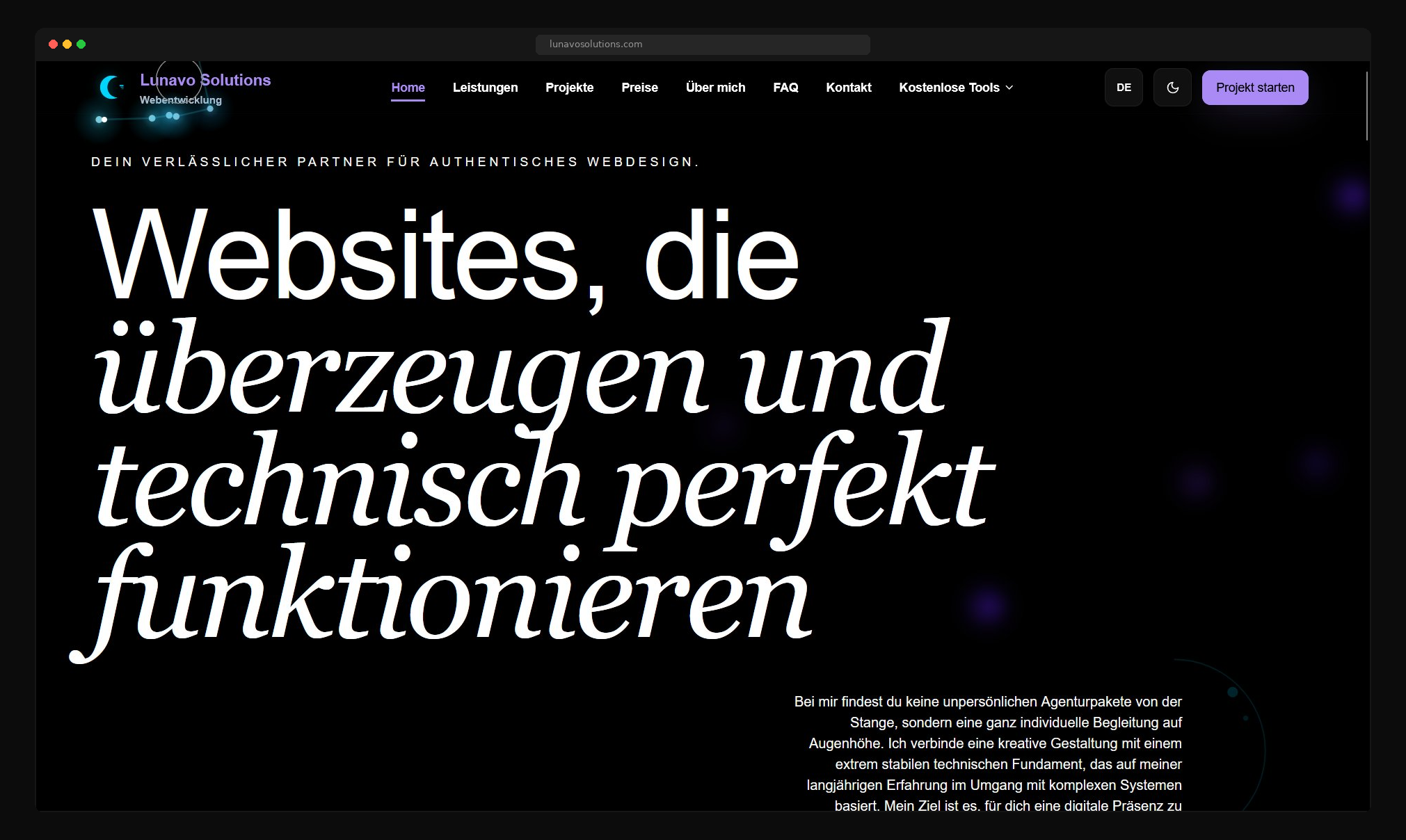 Lunavo Solutions Webseite, modernes Dark-Theme Design mit responsivem Layout