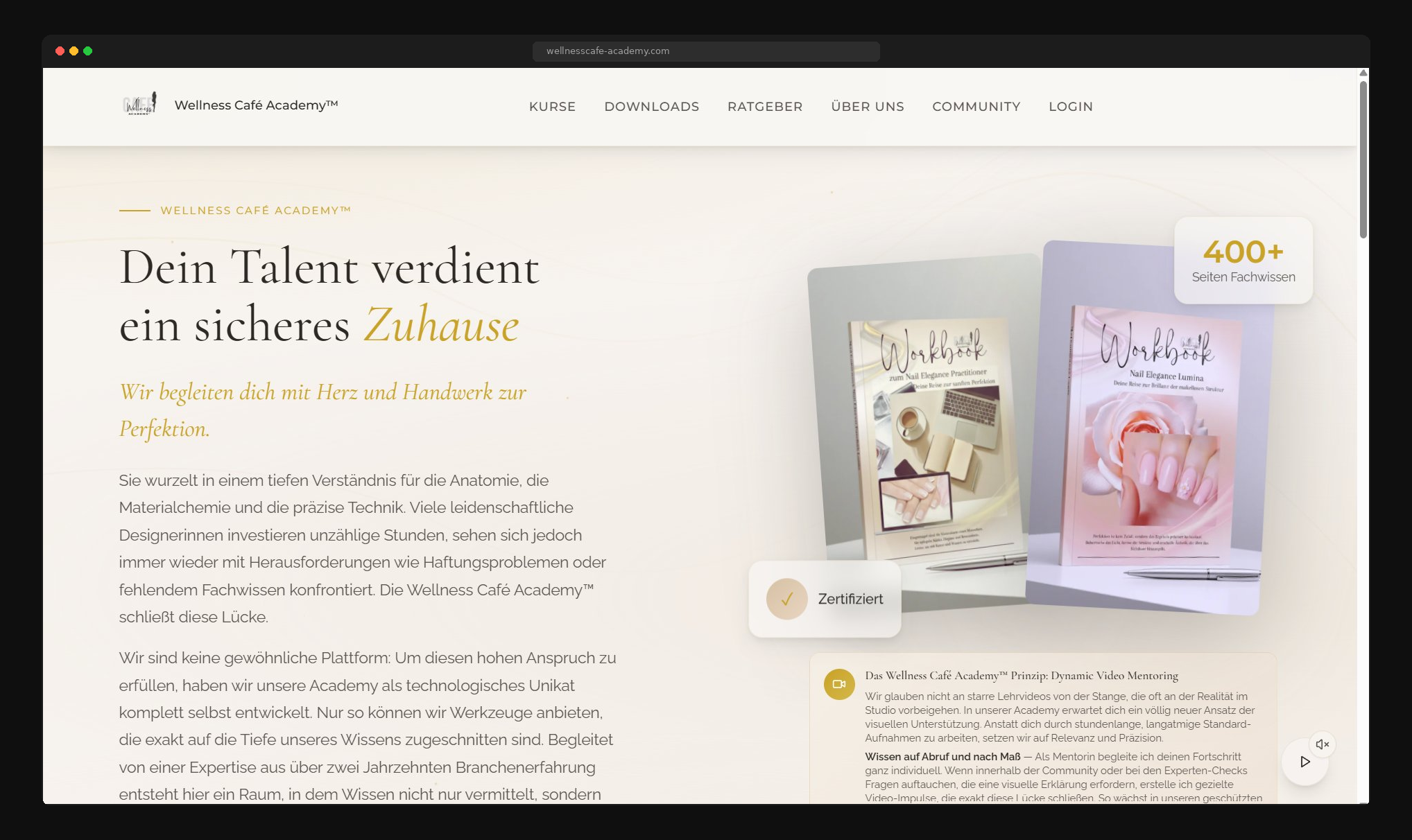 Wellness Cafe Academy, Premium E-Learning Plattform mit Kursansicht und Zahlungsintegration